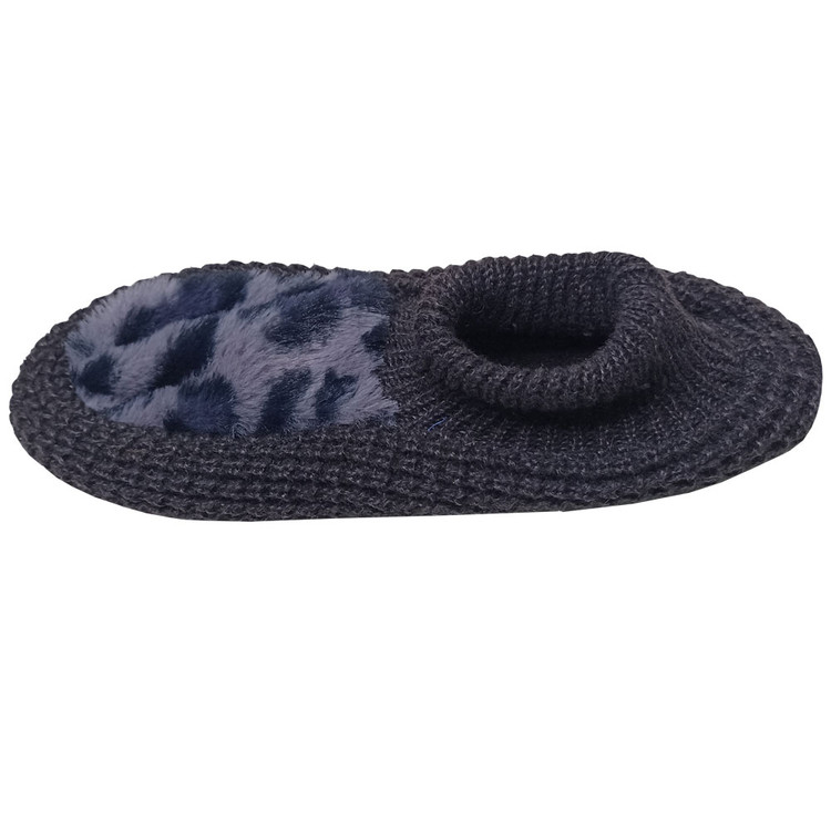 پاپوش زنانه بافتنی پولیشی طرح پلنگی کد 1297 طوسی تیره رویه سرمه ای